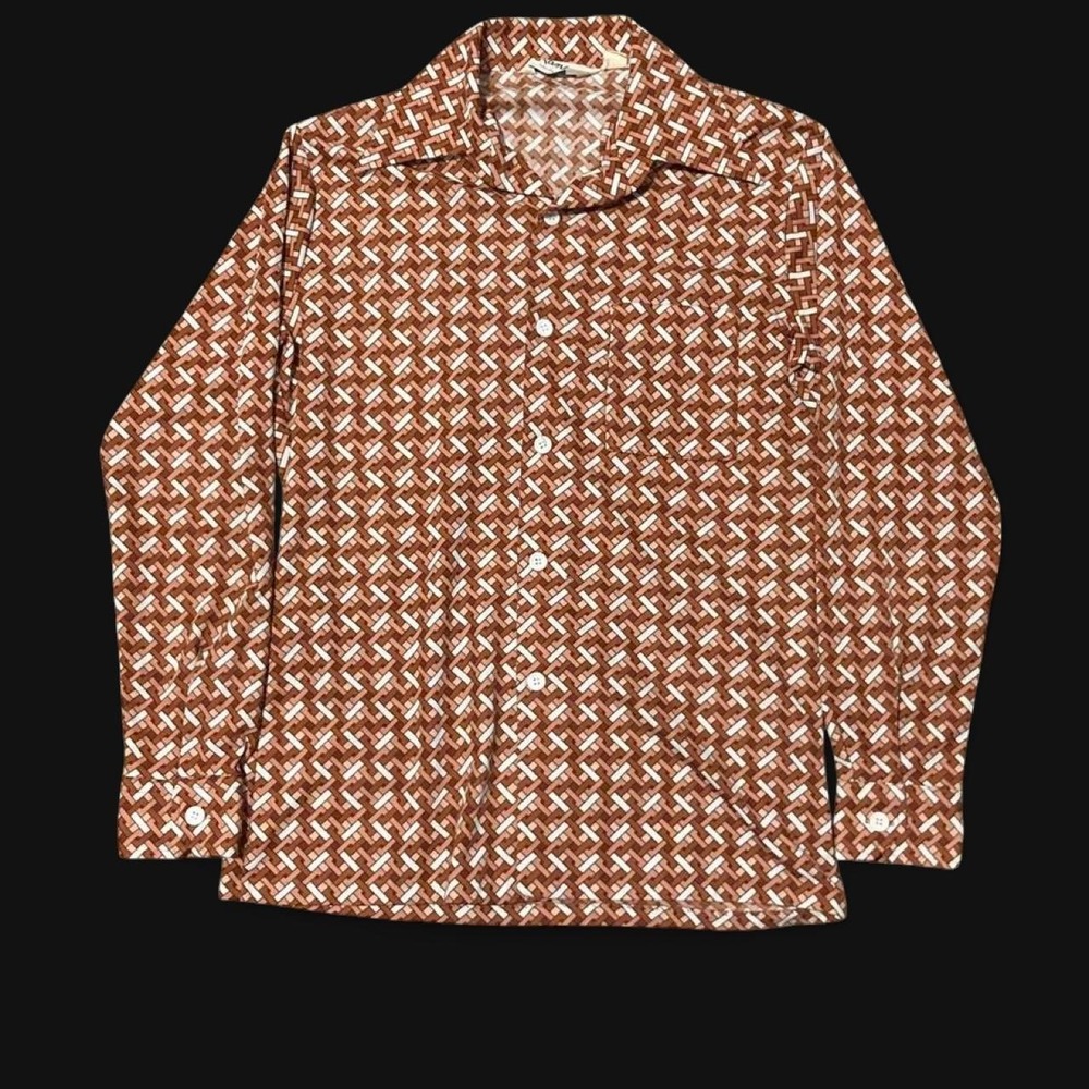 True‎ Vintage Lancer 1970s rayon button shirt abstract geometric print 20.25x26
